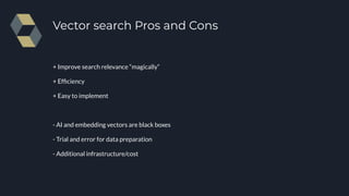 Vector search Pros and Cons
+ Improve search relevance “magically“
+ Efﬁciency
+ Easy to implement
- AI and embedding vectors are black boxes
- Trial and error for data preparation
- Additional infrastructure/cost
 
