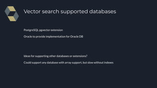 Vector search supported databases
PostgreSQL pgvector extension
Oracle to provide implementation for Oracle DB
Ideas for supporting other databases or extensions?
Could support any database with array support, but slow without indexes
 