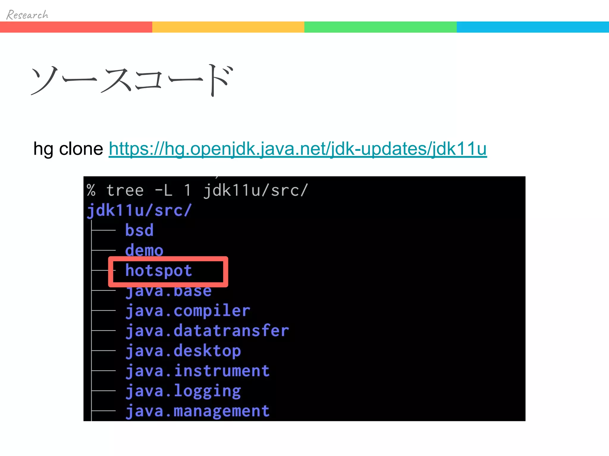 Res h
ソースコード
hg clone https://hg.openjdk.java.net/jdk-updates/jdk11u
 