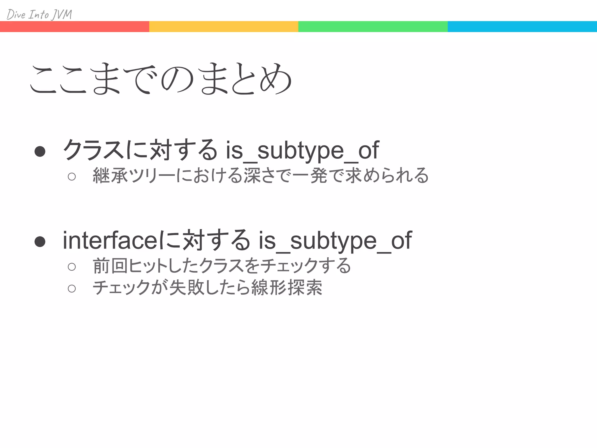 Div I J
ここまでのまとめ
● クラスに対する is_subtype_of
○ 継承ツリーにおける深さで一発で求められる
● interfaceに対する is_subtype_of
○ 前回ヒットしたクラスをチェックする
○ チェックが失敗したら線形探索
 