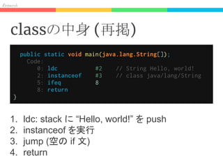 Res h
classの中身 (再掲)
1. ldc: stack に “Hello, world!” を push
2. instanceof を実行
3. jump (空の if 文)
4. return
 