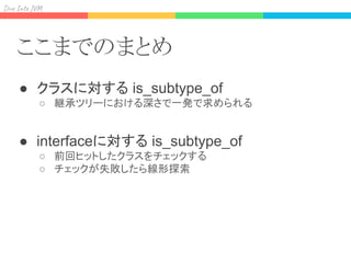 Div I J
ここまでのまとめ
● クラスに対する is_subtype_of
○ 継承ツリーにおける深さで一発で求められる
● interfaceに対する is_subtype_of
○ 前回ヒットしたクラスをチェックする
○ チェックが失敗したら線形探索
 