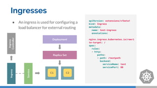 Ingresses
Replica Set
Deployment
Service
Ingress
Ingress
Controller
apiVersion: extensions/v1beta1
kind: Ingress
metadata:
name: test-ingress
annotations:
nginx.ingress.kubernetes.io/rewri
te-target: /
spec:
rules:
- http:
paths:
- path: /testpath
backend:
serviceName: test
servicePort: 80
● An ingress is used for configuring a
load balancer for external routing
C1 C2
 