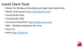 Install Client Tools
• Docker for Windows (Including local single node Kubernetes
• Docker Hub Account https://hub.docker.com/
• Visual Studio Code
• Visual Studio 2019
• Use Azure Cloud Shell https://shell.azure.com/
• WSL – Windows Subsystem for Linux
• Azure CLI
• Helm https://helm.sh/
 