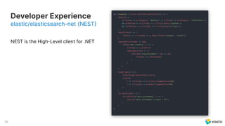 30
Developer Experience
elastic/elasticsearch-net (NEST
NEST is the High-Level client for .NET
 