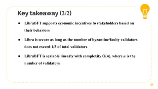 Key takeaway (2/2)
31
● LibraBFT supports economic incentives to stakeholders based on
their behaviors
● Libra is secure as long as the number of byzantine/faulty validators
does not exceed 1/3 of total validators
● LibraBFT is scalable linearly with complexity O(n), where n is the
number of validators
 