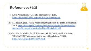 References (1/2)
32
[1] - Libra Association, “Life of a Transaction,” 2019.
https://developers.libra.org/docs/life-of-a-transaction
[2] - M. Baudet, et al., “State Machine Replication in the Libra Blockchain,”
2019. https://developers.libra.org/docs/assets/papers/libra-consensus-
state-machine-replication-in-the-libra-blockchain.pdf
[3] - M. Yin, D. Malkhi, M. K. Reiterand, G. G. Gueta, and I. Abraham,
“HotStuff: BFT consensus in the lens of blockchain,” 2019.
https://arxiv.org/pdf/1803.05069.pdf
 