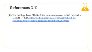 References (2/2)
33
[4] - The Ontology Team, “HotStuff: the consensus protocol behind Facebook’s
LibraBFT,” 2019. https://medium.com/ontologynetwork/hotstuff-the-
consensus-protocol-behind-facebooks-librabft-a5503680b151
 