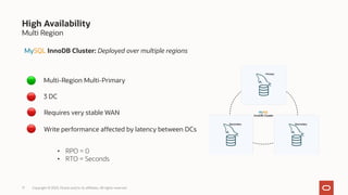 Multi Region
17 Copyright © 2023, Oracle and/or its affiliates. All rights reserved.
High Availability
MySQL InnoDB Cluster: Deployed over multiple regions
Multi-Region Multi-Primary
3 DC
Requires very stable WAN
Write performance affected by latency between DCs
• RPO = 0
• RTO = Seconds
🟢
🔴
🔴
🔴
 