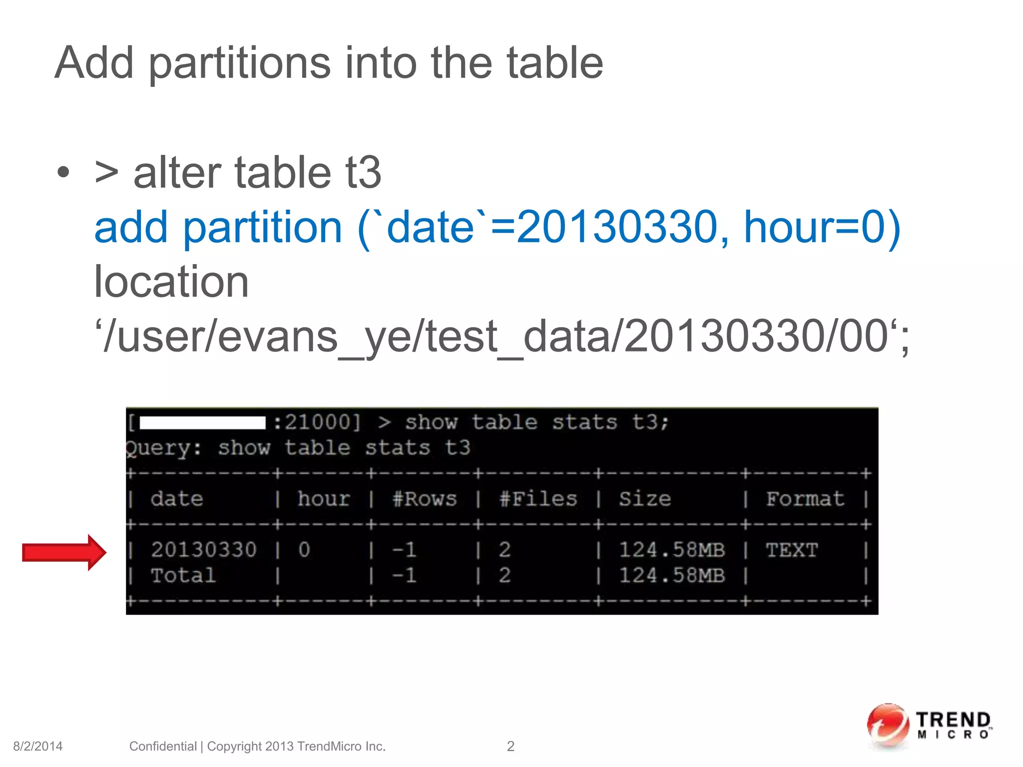 Add partitions into the table
• > alter table t3
add partition (`date`=20130330, hour=0)
location
‘/user/evans_ye/test_data/20130330/00‘;
8/2/2014 Confidential | Copyright 2013 TrendMicro Inc. 2
 