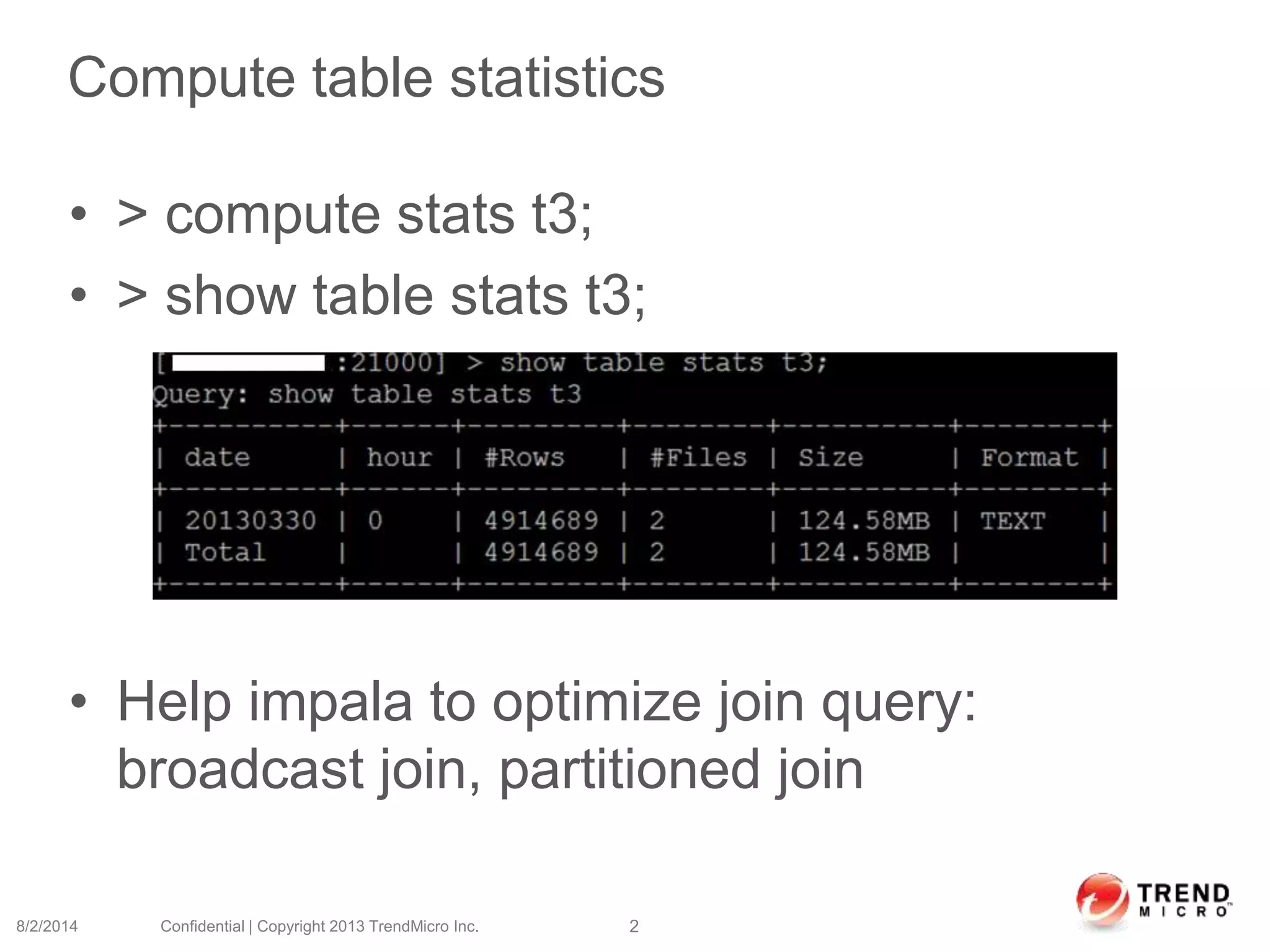 Compute table statistics
• > compute stats t3;
• > show table stats t3;
• Help impala to optimize join query:
broadcast join, partitioned join
8/2/2014 Confidential | Copyright 2013 TrendMicro Inc. 2
 