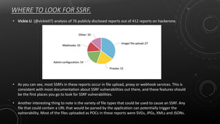 WHERE TO LOOK FOR SSRF.
• Vickie Li (@vickieli7) analysis of 76 publicly disclosed reports out of 412 reports on hackerone.
• As you can see, most SSRFs in these reports occur in file upload, proxy or webhook services. This is
consistent with most documentation about SSRF vulnerabilities out there, and these features should
be the first places you go to look for SSRF vulnerabilities.
• Another interesting thing to note is the variety of file types that could be used to cause an SSRF. Any
file that could contain a URL that would be parsed by the application can potentially trigger the
vulnerability. Most of the files uploaded as POCs in these reports were SVGs, JPGs, XMLs and JSONs.
 