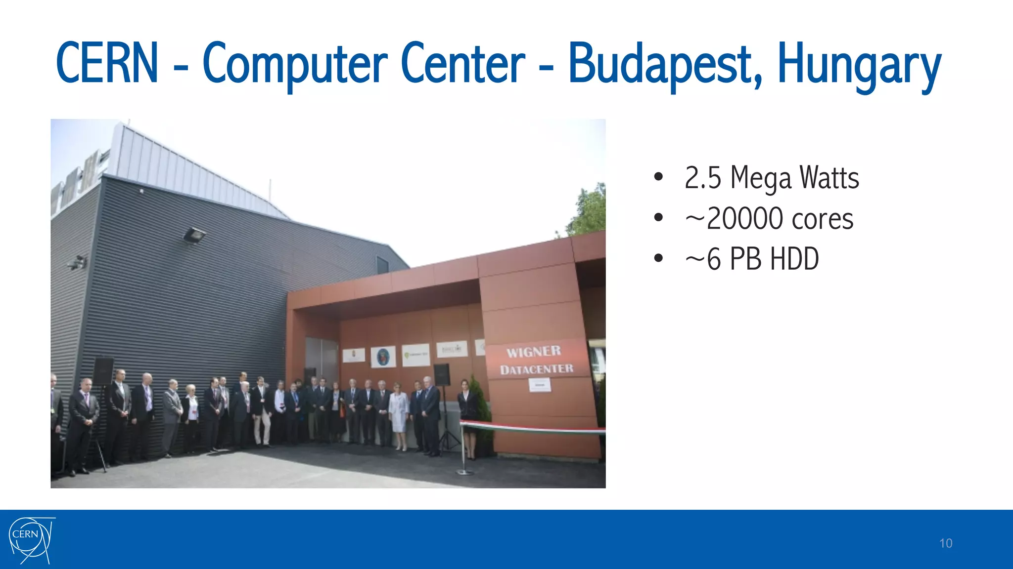 CERN - Computer Center - Budapest, Hungary
10
•  2.5 Mega Watts
•  ~20000 cores
•  ~6 PB HDD
 