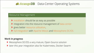 Data-Center Operating Systems Resource Management Installation should be as easy as possible integration into the resource management of data-center gives better resource utilisation, full integration with Apache Mesos and Mesosphere DC/OS Work in progress Mesosphere DC/OS a very mature, Open-Source solution later this year integration also for Kubernetes, Docker-Swarm 