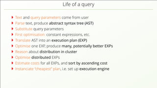 Life of a query Text and query parameters come from user Parse text, produce abstract syntax tree (AST) Substitute query parameters First optimisation: constant expressions, etc. Translate AST into an execution plan (EXP) Optimise one EXP, produce many, potentially better EXPs Reason about distribution in cluster Optimise distributed EXPs Estimate costs for all EXPs, and sort by ascending cost Instanciate “cheapest” plan, i.e. set up execution engine 
