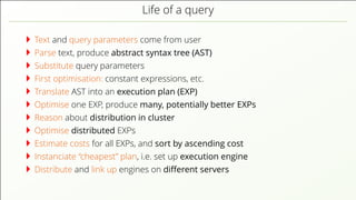 Life of a query Text and query parameters come from user Parse text, produce abstract syntax tree (AST) Substitute query parameters First optimisation: constant expressions, etc. Translate AST into an execution plan (EXP) Optimise one EXP, produce many, potentially better EXPs Reason about distribution in cluster Optimise distributed EXPs Estimate costs for all EXPs, and sort by ascending cost Instanciate “cheapest” plan, i.e. set up execution engine Distribute and link up engines on diﬀerent servers 