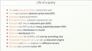 Life of a query Text and query parameters come from user Parse text, produce abstract syntax tree (AST) Substitute query parameters First optimisation: constant expressions, etc. Translate AST into an execution plan (EXP) Optimise one EXP, produce many, potentially better EXPs Reason about distribution in cluster Optimise distributed EXPs Estimate costs for all EXPs, and sort by ascending cost Instanciate “cheapest” plan, i.e. set up execution engine Distribute and link up engines on diﬀerent servers Execute plan, provide cursor API 
