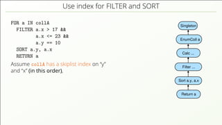 Use index for FILTER and SORT FOR a IN collA FILTER a.x > 17 && a.x <= 23 && a.y == 10 SORT a.y, a.x RETURN a Assume collA has a skiplist index on “y” and “x” (in this order), Singleton EnumColl a Filter ... Calc ... Sort a.y, a.x Return a 