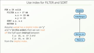 Use index for FILTER and SORT FOR a IN collA FILTER a.x > 17 && a.x <= 23 && a.y == 10 SORT a.y, a.x RETURN a Assume collA has a skiplist index on “y” and “x” (in this order), then we can read oﬀ the half-open interval between { y: 10, x: 17 } and { y: 10, x: 23 } from the skiplist index. Singleton Sort a.y, a.x Return a IndexRange a 