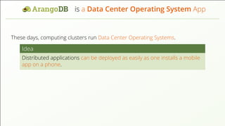 is a Data Center Operating System App These days, computing clusters run Data Center Operating Systems. Idea Distributed applications can be deployed as easily as one installs a mobile app on a phone. 