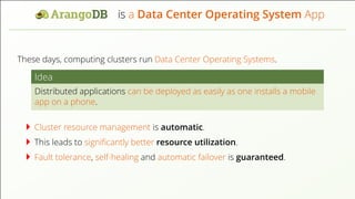 is a Data Center Operating System App These days, computing clusters run Data Center Operating Systems. Idea Distributed applications can be deployed as easily as one installs a mobile app on a phone. Cluster resource management is automatic. This leads to signiﬁcantly better resource utilization. Fault tolerance, self-healing and automatic failover is guaranteed. 