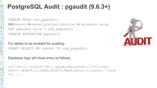 PostgreSQL Audit : pgaudit (9.6.3+)
CREATE ROLE rds_pgaudit;
Add pgaudit to shared_preload_libraries in parameter group
SET pgaudit.role = rds_pgaudit;
CREATE EXTENSION pgaudit;
For tables to be enabled for auditing:
GRANT SELECT ON table1 TO rds_pgaudit;
Database logs will show entry as follows:
2017-06-12 19:09:49 UTC:…:pgadmin@postgres:[11701]:LOG:
AUDIT: OBJECT,1,1,READ,SELECT,TABLE,public.t1,select * from
t1; ...
 