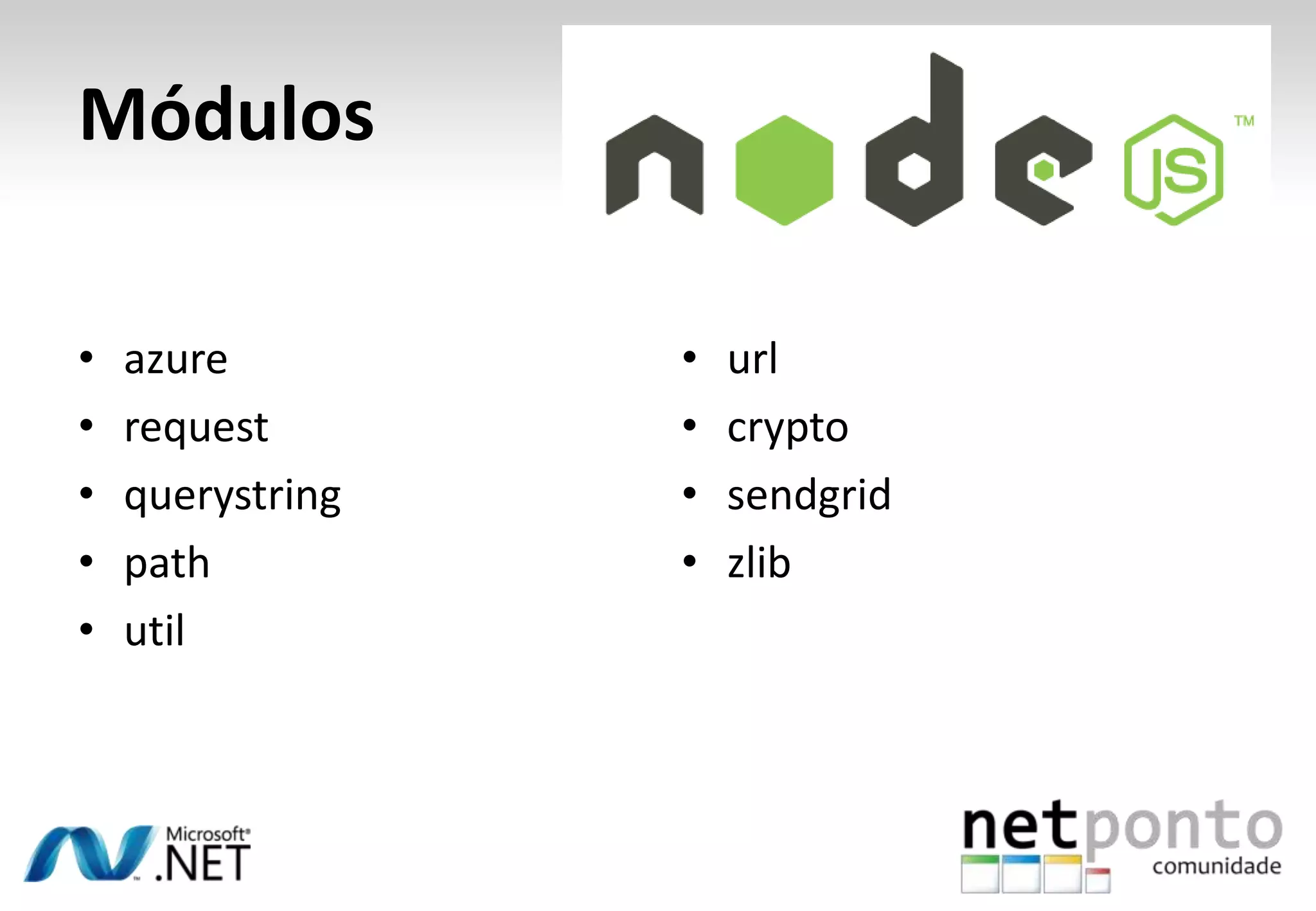 Módulos
•
•
•
•
•

azure
request
querystring
path
util

•
•
•
•

url
crypto
sendgrid
zlib

 