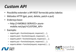 Custom API
• Possibilita estender a API REST fornecida pelas tabelas
• Métodos HTTP (get, post, delete, patch e put)
• End...