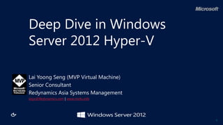 Deep Dive in Windows
Server 2012 Hyper-V

Lai Yoong Seng (MVP Virtual Machine)
Senior Consultant
Redynamics Asia Systems Management
laiys@Redynamics.com | www.ms4u.info




                                       1
 