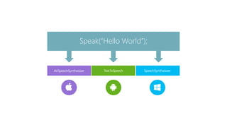 TextToSpeech
Speak(“Hello World”);
AVSpeechSynthesizer SpeechSynthesizer
 