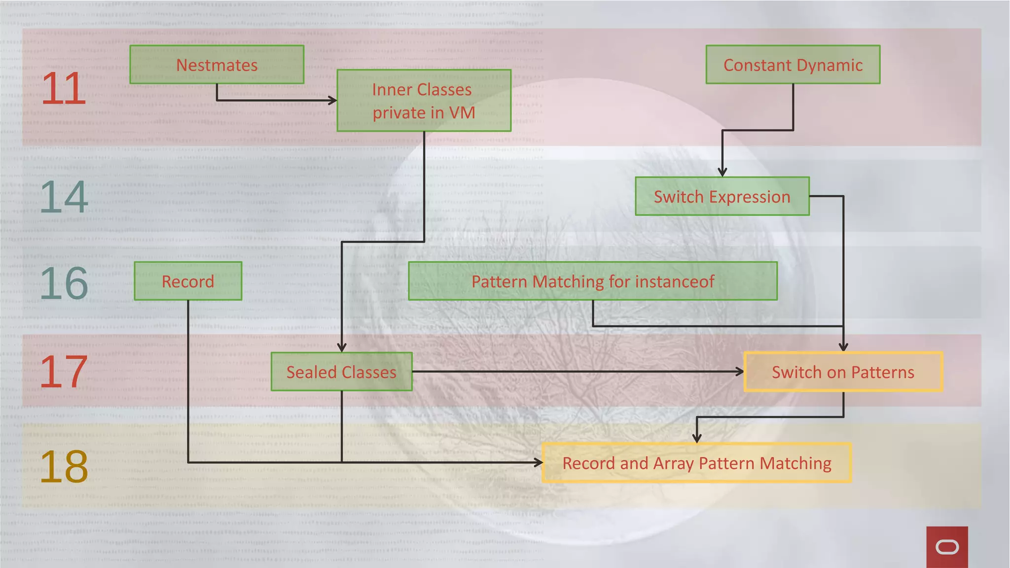 Record and Array Pattern Matching
Record
Sealed Classes
Switch Expression
Constant Dynamic
Inner Classes
private in VM
Nestmates
Pattern Matching for instanceof
11
14
16
17 Switch on Patterns
18
 
