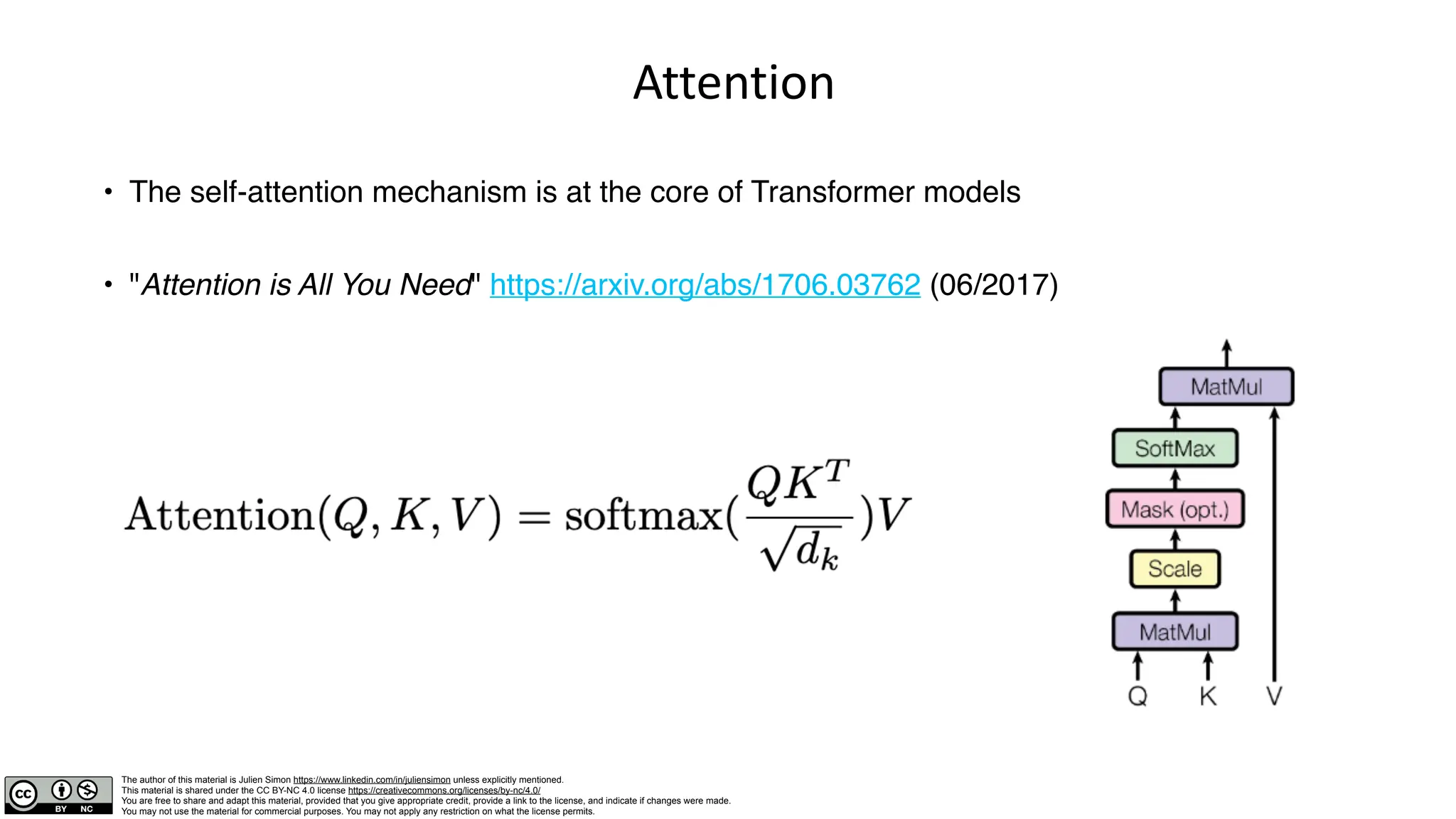 The author of this material is Julien Simon https://www.linkedin.com/in/juliensimon unless explicitly mentioned.
This material is shared under the CC BY-NC 4.0 license https://creativecommons.org/licenses/by-nc/4.0/
You are free to share and adapt this material, provided that you give appropriate credit, provide a link to the license, and indicate if changes were made.
You may not use the material for commercial purposes. You may not apply any restriction on what the license permits.
Attention
• The self-attention mechanism is at the core of Transformer models
• "Attention is All You Need" https://arxiv.org/abs/1706.03762 (06/2017)
 