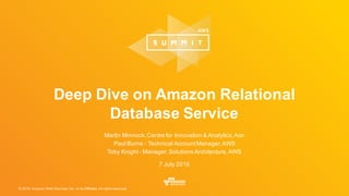 ©  2016,  Amazon  Web  Services,  Inc.  or  its  Affiliates.  All  rights  reserved.
7  July  2016
Deep  Dive  on  Amazon  Relational  
Database  Service
Martin  Minnock,  Centre  for  Innovation  &  Analytics,  Aon
Paul  Burne  -­ Technical  Account  Manager,  AWS
Toby  Knight  -­ Manager,  Solutions  Architecture,  AWS
 