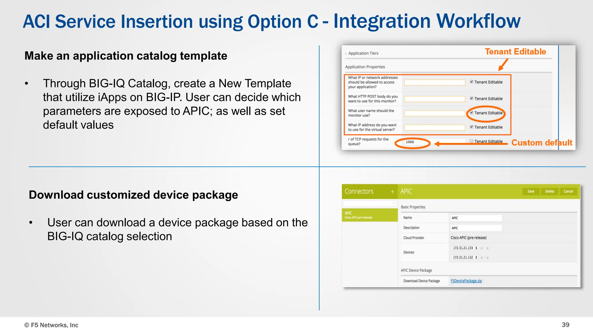 © F5 Networks, Inc 39
ACI Service Insertion using Option C - Integration Workflow
Download customized device package
• User can download a device package based on the
BIG-IQ catalog selection
Make an application catalog template
• Through BIG-IQ Catalog, create a New Template
that utilize iApps on BIG-IP. User can decide which
parameters are exposed to APIC; as well as set
default values
 