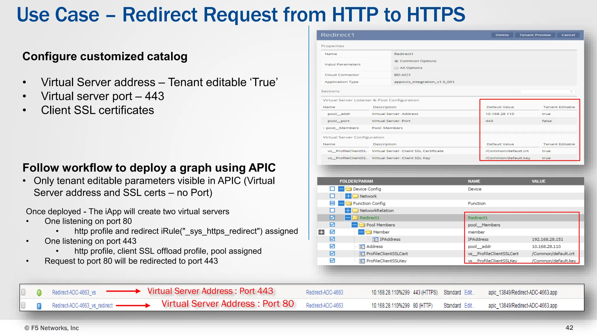 © F5 Networks, Inc 42
Use Case – Redirect Request from HTTP to HTTPS
Configure customized catalog
• Virtual Server address – Tenant editable ‘True’
• Virtual server port – 443
• Client SSL certificates
Once deployed - The iApp will create two virtual servers
• One listening on port 80
• http profile and redirect iRule("_sys_https_redirect") assigned
• One listening on port 443
• http profile, client SSL offload profile, pool assigned
• Request to port 80 will be redirected to port 443
Follow workflow to deploy a graph using APIC
• Only tenant editable parameters visible in APIC (Virtual
Server address and SSL certs – no Port)
Virtual Server Address : Port 443
Virtual Server Address : Port 80
 