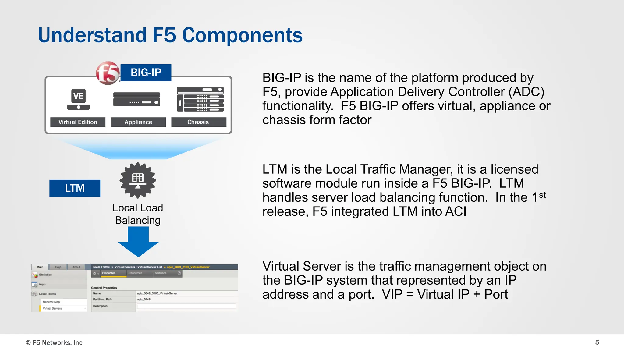 © F5 Networks, Inc 5
Understand F5 Components
BIG-IP is the name of the platform produced by
F5, provide Application Delivery Controller (ADC)
functionality. F5 BIG-IP offers virtual, appliance or
chassis form factor
LTM is the Local Traffic Manager, it is a licensed
software module run inside a F5 BIG-IP. LTM
handles server load balancing function. In the 1st
release, F5 integrated LTM into ACI
Virtual Server is the traffic management object on
the BIG-IP system that represented by an IP
address and a port. VIP = Virtual IP + Port
Virtual Edition Appliance Chassis
BIG-IP
LTM
Local Load
Balancing
 