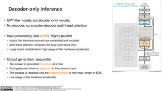 The author of this material is Julien Simon https://www.linkedin.com/in/juliensimon unless explicitly mentioned.
This material is shared under the CC BY-NC 4.0 license https://creativecommons.org/licenses/by-nc/4.0/
You are free to share and adapt this material, provided that you give appropriate credit, provide a link to the license, and indicate if changes were made.
You may not use the material for commercial purposes. You may not apply any restriction on what the license permits.
Decoder-only inference
• GPT-like models are decoder-only models
• No encoder, no encoder-decoder multi-head attention
• Input processing (aka prefill): highly parallel
• Inputs (the tokenized prompt) are embedded and encoded
• Multi-head attention computes the keys and values (KV)
• Large matrix multiplication, high usage of the hardware accelerator
• Output generation: sequential
• The answer is generated one token at a time
• Each generated token is appended to the previous input
• The process is repeated until the stopping criteria is met (max. length or EOS)
• Low usage of the hardware accelerator
"Attention is all you need"
https://arxiv.org/abs/1706.03762
Inputs
(prompt)
Input
 