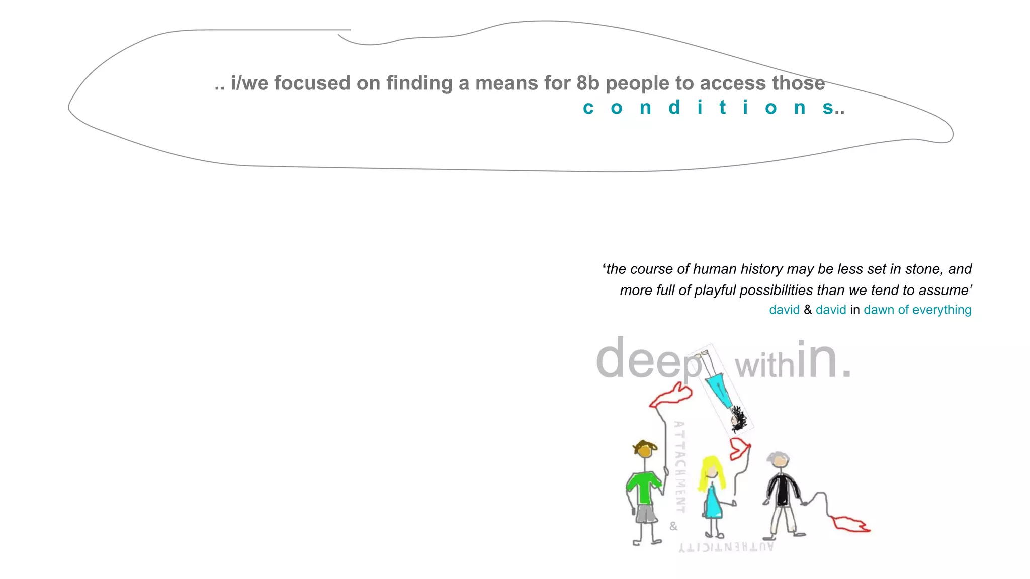 .. i/we focused on finding a means for 8b people to access those
c o n d i t i o n s..
‘the course of human history may be less set in stone, and
more full of playful possibilities than we tend to assume’
david & david in dawn of everything
 