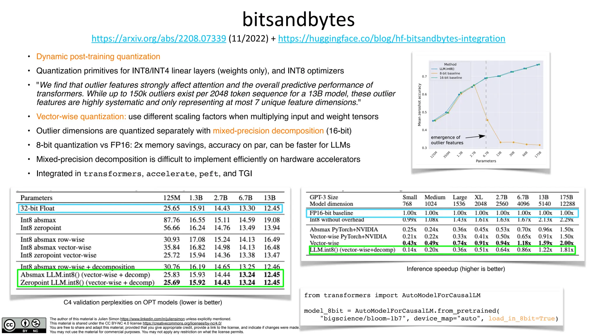 The author of this material is Julien Simon https://www.linkedin.com/in/juliensimon unless explicitly mentioned.
This material is shared under the CC BY-NC 4.0 license https://creativecommons.org/licenses/by-nc/4.0/
You are free to share and adapt this material, provided that you give appropriate credit, provide a link to the license, and indicate if changes were made.
You may not use the material for commercial purposes. You may not apply any restriction on what the license permits.
bitsandbytes
https://arxiv.org/abs/2208.07339 (11/2022) + https://huggingface.co/blog/hf-bitsandbytes-integration
• Dynamic post-training quantization
• Quantization primitives for INT8/INT4 linear layers (weights only), and INT8 optimizers
• "We find that outlier features strongly affect attention and the overall predictive performance of
transformers. While up to 150k outliers exist per 2048 token sequence for a 13B model, these outlier
features are highly systematic and only representing at most 7 unique feature dimensions."
• Vector-wise quantization: use different scaling factors when multiplying input and weight tensors
• Outlier dimensions are quantized separately with mixed-precision decomposition (16-bit)
• 8-bit quantization vs FP16: 2x memory savings, accuracy on par, can be faster for LLMs
• Mixed-precision decomposition is difficult to implement efficiently on hardware accelerators
• Integrated in transformers, accelerate, peft, and TGI
from transformers import AutoModelForCausalLM
model_8bit = AutoModelForCausalLM.from_pretrained(
"bigscience/bloom-1b7", device_map="auto", load_in_8bit=True)
Inference speedup (higher is better)
C4 validation perplexities on OPT models (lower is better)
 