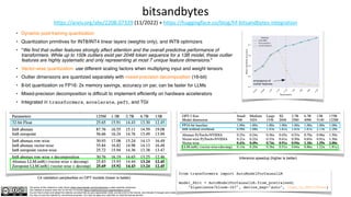 The author of this material is Julien Simon https://www.linkedin.com/in/juliensimon unless explicitly mentioned.
This material is shared under the CC BY-NC 4.0 license https://creativecommons.org/licenses/by-nc/4.0/
You are free to share and adapt this material, provided that you give appropriate credit, provide a link to the license, and indicate if changes were made.
You may not use the material for commercial purposes. You may not apply any restriction on what the license permits.
bitsandbytes
https://arxiv.org/abs/2208.07339 (11/2022) + https://huggingface.co/blog/hf-bitsandbytes-integration
• Dynamic post-training quantization
• Quantization primitives for INT8/INT4 linear layers (weights only), and INT8 optimizers
• "We find that outlier features strongly affect attention and the overall predictive performance of
transformers. While up to 150k outliers exist per 2048 token sequence for a 13B model, these outlier
features are highly systematic and only representing at most 7 unique feature dimensions."
• Vector-wise quantization: use different scaling factors when multiplying input and weight tensors
• Outlier dimensions are quantized separately with mixed-precision decomposition (16-bit)
• 8-bit quantization vs FP16: 2x memory savings, accuracy on par, can be faster for LLMs
• Mixed-precision decomposition is difficult to implement efficiently on hardware accelerators
• Integrated in transformers, accelerate, peft, and TGI
from transformers import AutoModelForCausalLM
model_8bit = AutoModelForCausalLM.from_pretrained(
"bigscience/bloom-1b7", device_map="auto", load_in_8bit=True)
Inference speedup (higher is better)
C4 validation perplexities on OPT models (lower is better)
 