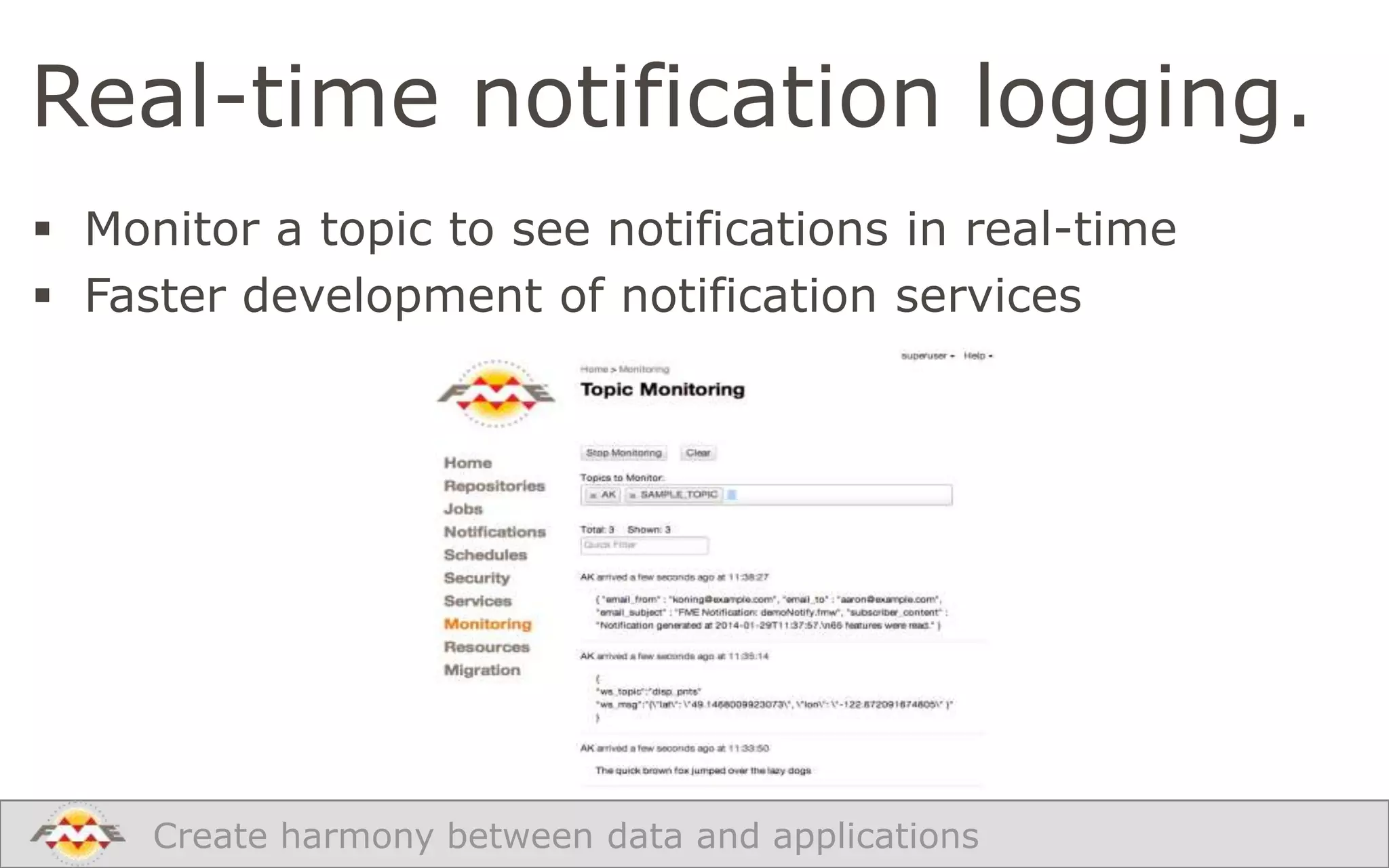 Real-time notification logging.
 Monitor a topic to see notifications in real-time
 Faster development of notification services

Create harmony between data and applications

 