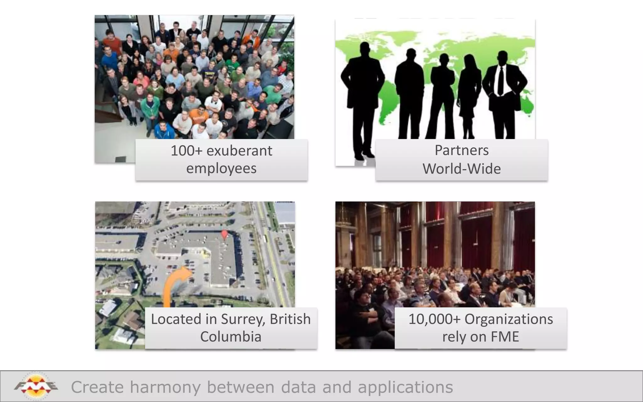100+ exuberant
employees

Located in Surrey, British
Columbia

Partners
World-Wide

10,000+ Organizations
rely on FME

Create harmony between data and applications

 