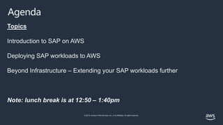© 2019, Amazon Web Services, Inc. or its affiliates. All rights reserved.
Agenda
Topics
Introduction to SAP on AWS
Deploying SAP workloads to AWS
Beyond Infrastructure – Extending your SAP workloads further
Note: lunch break is at 12:50 – 1:40pm
 