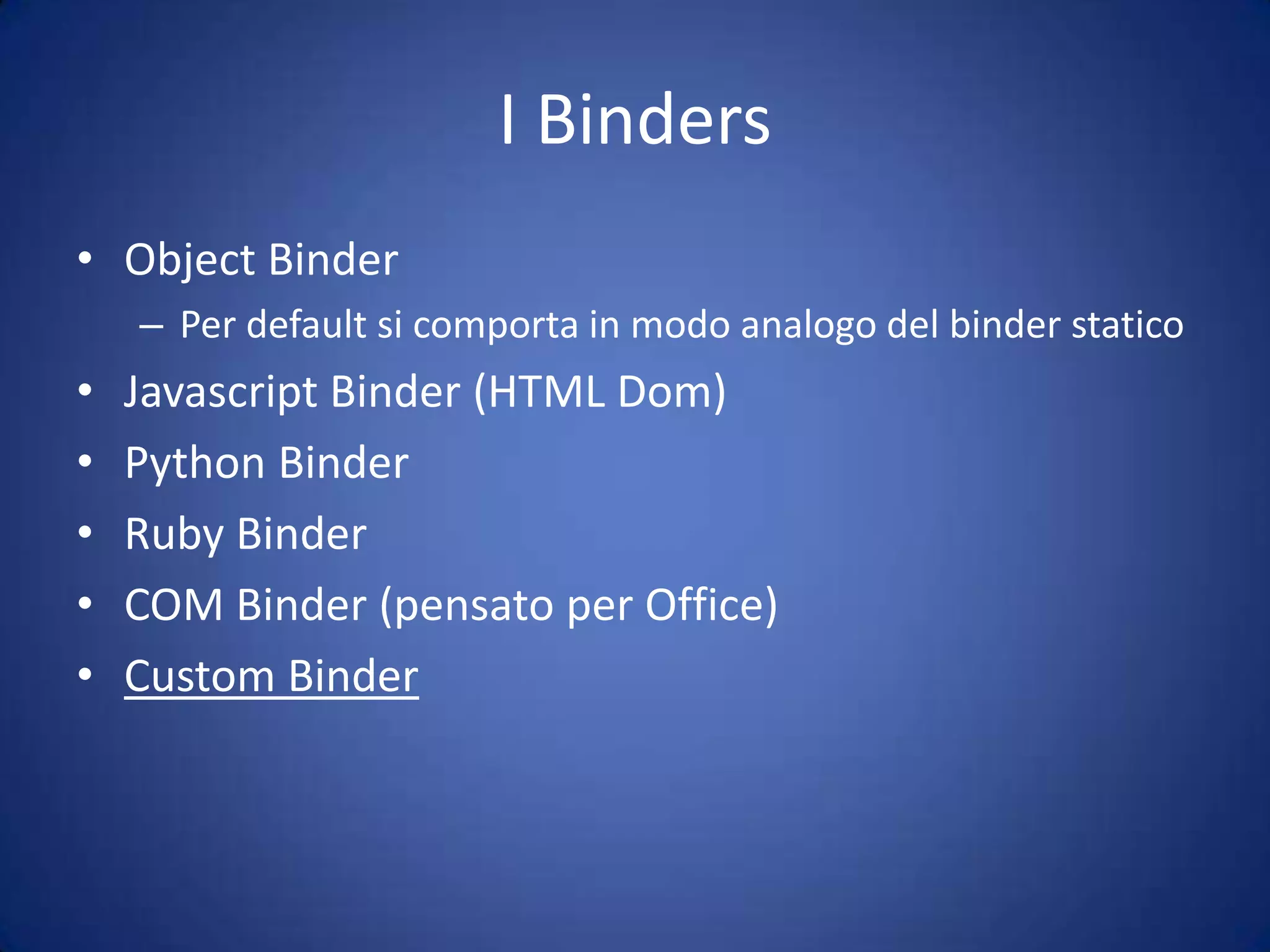 DLR: perché e perché oggi?Non è solo un revival del "late binding"!Il motivo per l'introduzione di questa API è l'interoperabilitàsemplifica l'interazione con componenti COMOffice ma non soloI cast che sono necessari oggi non rendono più sicuro il codice perché c'è sempre la possibilità in un InvalidCastException a runtime. Quindi dynamic non impoverisce la stabilità in questi scenari.semplifica il mix con altri linguaggiPython, Ruby, Javascriptsemplifica l'uso di DOM che fanno uso di late bindingHtml e XML privi di schemaEsempio: Silverlight V4