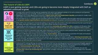 The State of Decentralized Perpetuals
For information purposes only, not financial advice
20
▪ A minimum of 32 ETH is required to solo stake, which represents a barrier to entry for some potential stakers. Besides that, stakers
need to ensure their nodes are constantly available to avoid slashing penalties.
▪ DVT aims to alleviate some of these issues by enabling “squad staking”, allowing few parties to pool their ETH stake and hardware
capacity to run a single node, while also improving node security through the use of a multi-sig.
▪ This will also help in further distributing the node operator set as it allows more stakers to participate, reducing concentration risk.
▪ At time of writing, all established LSD protocols are in the midst of exploring or implementing DVT, while some LSDs with DVT already
enabled, e.g. Diva have also come to market.
▪ Currently, stETH and rETH are the only two established LSDs which have deployed natively to L2s such as Arbitrum and Optimism,
and LSDFi protocols such as Pendle, unshETH and Lybra have also followed suit.
▪ Deploying on an L2 have allowed these protocols to capture more users and enable better liquidity, particularly for smaller ticket
sizes. Expect more of their competitors to also begin taking these steps as well.
▪ The core thesis of L2s, i.e, cheaper gas fees and better performance, hold true as well for LSDs and LSDFi, and in the future we expect
to see greater product experimentation and innovation on L2s given the greater technical possibilities, and relatively lower risk.
▪ Institutional ETH staking offerings has existed since at least 2021 but has recently gained more prominence post-Shapella upgrade as
withdrawals were enabled. While the early offerings were pure custodial-staking solutions, there are projects that are beginning to
roll-out institutional-grade LSD offerings, such as Alluvial / Liquid Collective, Blockdaemon and RockX.
▪ Beyond institutional LSDs, consider other TradFi products such as funds and ETFs that have an ETH component, but can now
enhance their returns by introducing LSDs. New portfolio strategies could also be introduced to take advantage of this new yield-
bearing asset.
LSD and
LSDFi on
Layer2s (L2s)
Distributed
Validator
Technology
(DVT)
Institutional
/ TradFi
Participation
▪ While LSDFi is the starting point of protocols building on-top of the new LSD primitive, what we’ve witnessed thus far is just the tip of
the iceberg. We expect the broader utility of LSDs within all DeFi verticals to only increase.
▪ Theoretically any DeFi protocol that supports WETH should also eventually add support for LSDs as adoption of LSDs grow. Other
LSDFi products, such as stablecoins, will also fit nicely into existing DeFi frameworks and can also be integrated if there is traction.
Deeper DeFi
Integration
The Future of LSDs & LSDFi
LSDFi is just getting started, and LSDs are going to become more deeply integrated with DeFi as
adoption continues to grow.
 