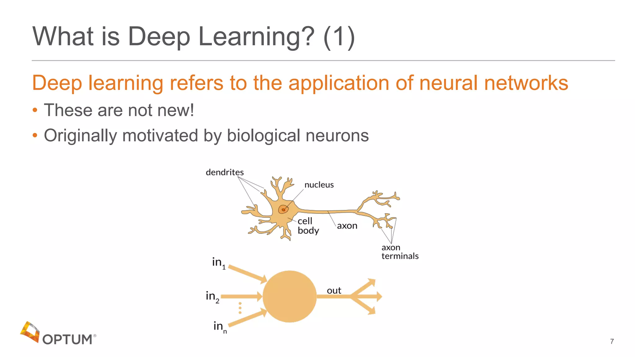 What is Deep Learning? (1)
Deep learning refers to the application of neural networks
• These are not new!
• Originally motivated by biological neurons
7
 