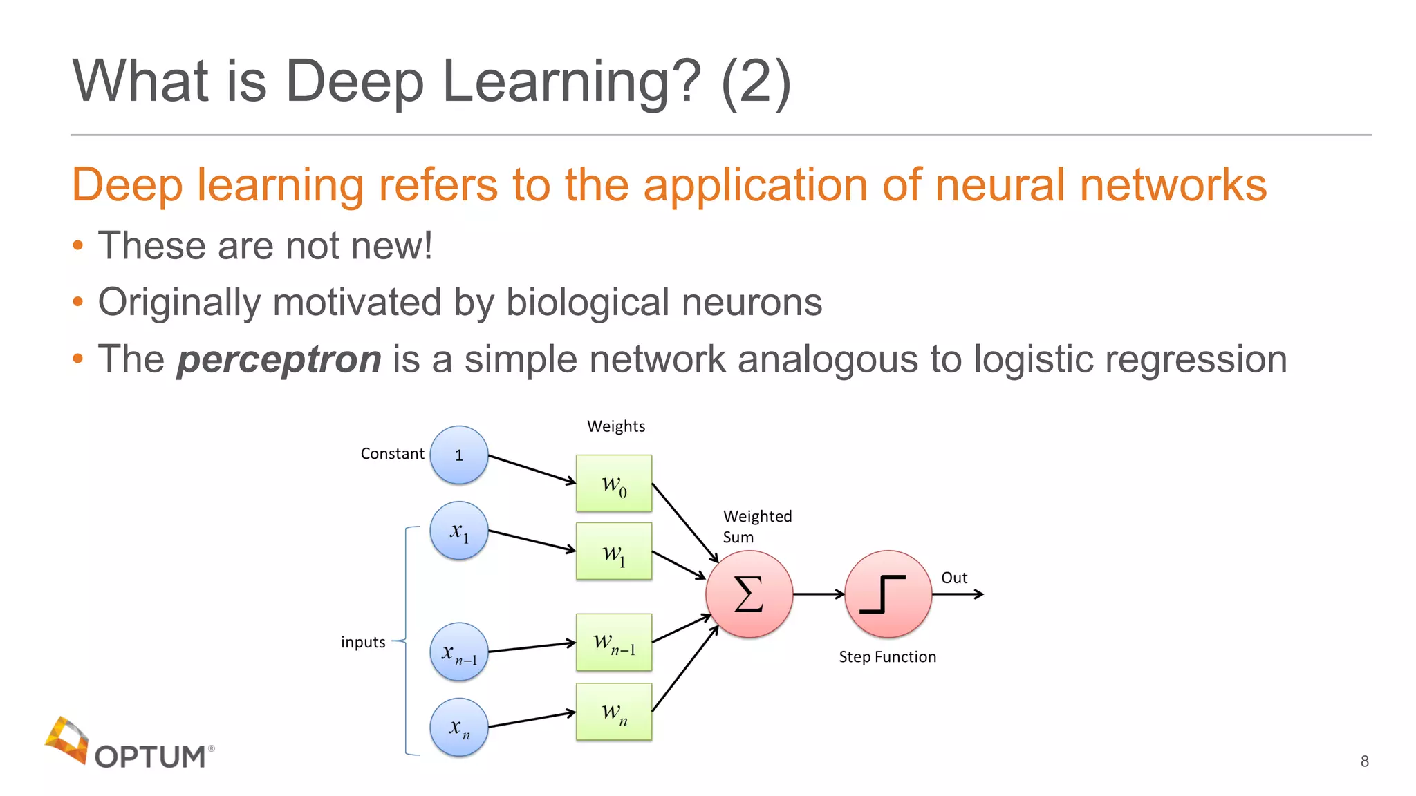 What is Deep Learning? (2)
Deep learning refers to the application of neural networks
• These are not new!
• Originally motivated by biological neurons
• The perceptron is a simple network analogous to logistic regression
8
 