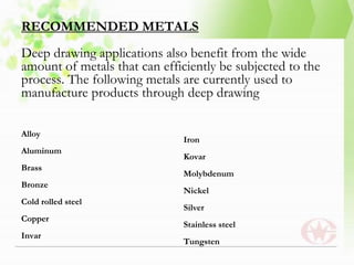 RECOMMENDED METALS
Deep drawing applications also benefit from the wide
amount of metals that can efficiently be subjected to the
process. The following metals are currently used to
manufacture products through deep drawing
Alloy
Aluminum
Brass
Bronze
Cold rolled steel
Copper
Invar
Iron
Kovar
Molybdenum
Nickel
Silver
Stainless steel
Tungsten
 