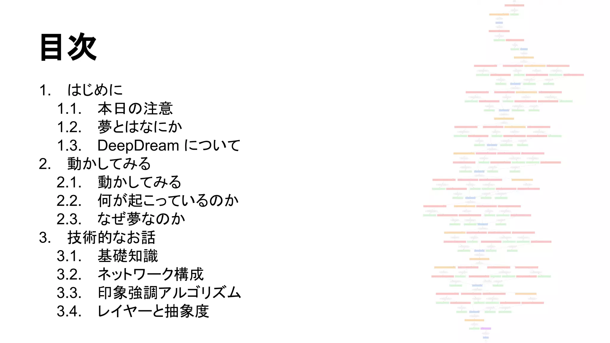 目次
1. はじめに
1.1. 本日の注意
1.2. 夢とはなにか
1.3. DeepDream について
2. 動かしてみる
2.1. 動かしてみる
2.2. 何が起こっているのか
2.3. なぜ夢なのか
3. 技術的なお話
3.1. 基礎知識
3.2. ネットワーク構成
3.3. 印象強調アルゴリズム
3.4. レイヤーと抽象度
 