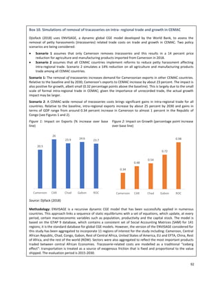 92
Box 10. Simulations of removal of tracasseries on intra- regional trade and growth in CEMAC
Djiofack (2018) uses ENVISAGE, a dynamic global CGE model developed by the World Bank, to assess the
removal of petty harassments (tracasseries) related trade costs on trade and growth in CEMAC. Two policy
scenarios are being considered:
• Scenario 1 assumes that only Cameroon removes tracasseries and this results in a 14 percent price
reduction for agriculture and manufacturing products imported from Cameroon in 2018.
• Scenario 2 assumes that all CEMAC countries implement reforms to reduce petty harassment affecting
intra-regional trade. Scenario 2 simulates a 14% reduction on all agriculture and manufacturing products
trade among all CEMAC countries.
Scenario 1: The removal of tracasseries increases demand for Cameroonian exports in other CEMAC countries.
Relative to the baseline and by 2030, Cameroon’s exports to CEMAC increase by about 23 percent. The impact is
also positive for growth, albeit small (0.32 percentage points above the baseline). This is largely due to the small
scale of formal intra-regional trade in CEMAC; given the importance of unrecorded trade, the actual growth
impact may be larger.
Scenario 2: A CEMAC-wide removal of tracasseries costs brings significant gains in intra-regional trade for all
countries. Relative to the baseline, intra-regional exports increase by about 25 percent by 2030 and gains in
terms of GDP range from around 0.34 percent increase in Cameroon to almost 1 percent in the Republic of
Congo (see Figures 1 and 2).
Figure 1: Impact on Exports (% increase over base
line)
Figure 2: Impact on Growth (percentage point increase
over base line)
Source: Djifack (2018)
Methodology: ENVISAGE is a recursive dynamic CGE model that has been successfully applied in numerous
countries. This approach links a sequence of static equilibriums with a set of equations, which update, at every
period, certain macroeconomic variables such as population, productivity and the capital stock. The model is
based on the GTAP 9 database, which contains a consistent set of Social Accounting Matrices (SAM) for 141
regions; it is the standard database for global CGE models. However, the version of the ENVISAGE considered for
this study has been aggregated to incorporate 11 regions of interest for the study including: Cameroon, Central
African Republic, Chad, Congo, Gabon, Rest of Central Africa, United States of America, EU and EFTA, China, Rest
of Africa, and the rest of the world (ROW). Sectors were also aggregated to reflect the most important products
traded between central African Economies. Tracasserie-related costs are modelled as a traditional “iceberg
effect”: transportation is treated as a source of exogenous friction that is fixed and proportional to the value
shipped. The evaluation period is 2015-2030.
Box 14. Exchange rate regime and economic outcomes for the CFA zone – a brief review of the
literature.Box 15. Simulations of removal or tracasseries on intra- regional trade and growth in
CEMAC
20.5
26
23.9 24.6
23.7
Cameroon CAR Chad Gabon ROC
0.34
0.48
0.54
0.72
0.98
Cameroon CAR Chad Gabon ROC
 